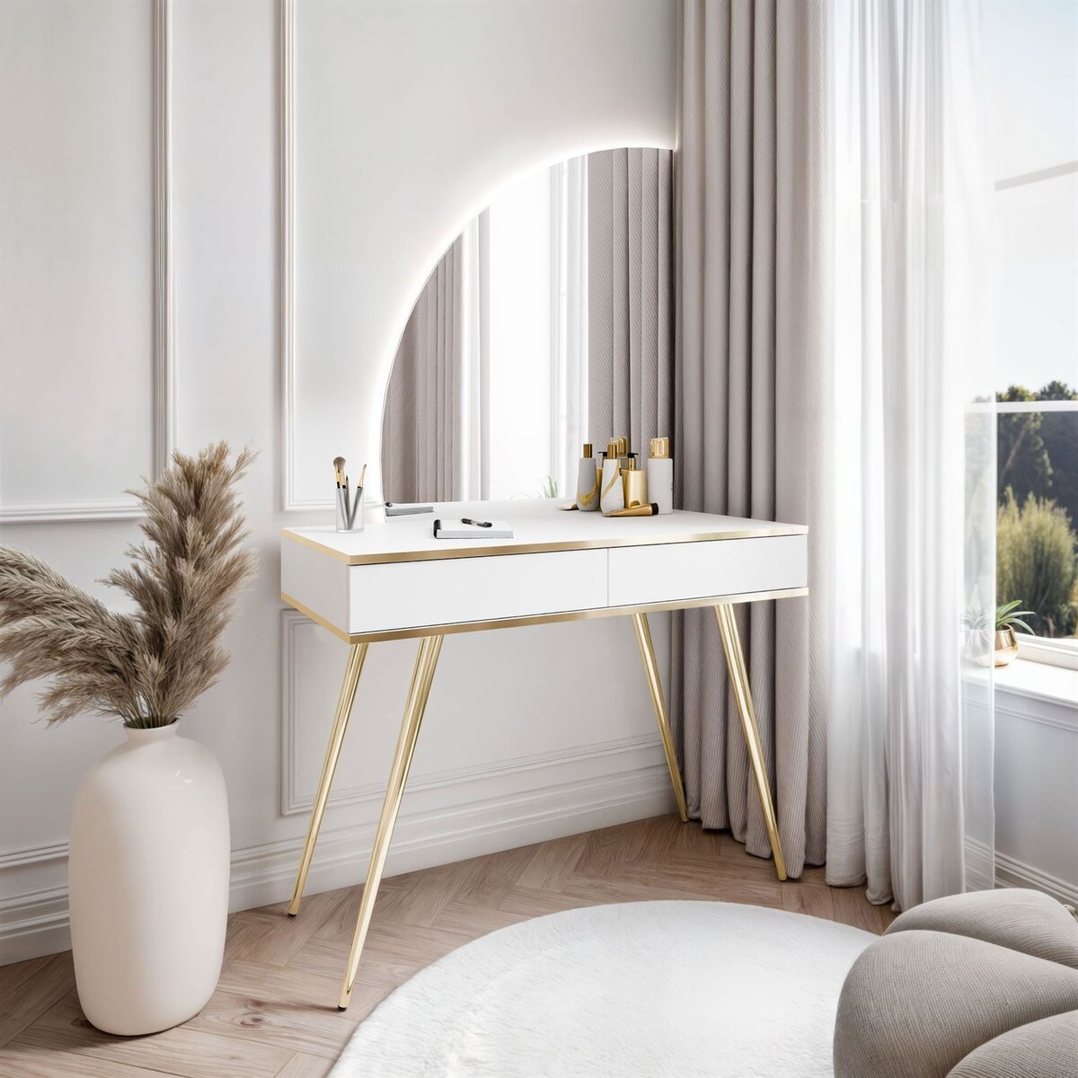 Toaletka OXFORD z lustrem i oświetleniem LED, lewa, biała