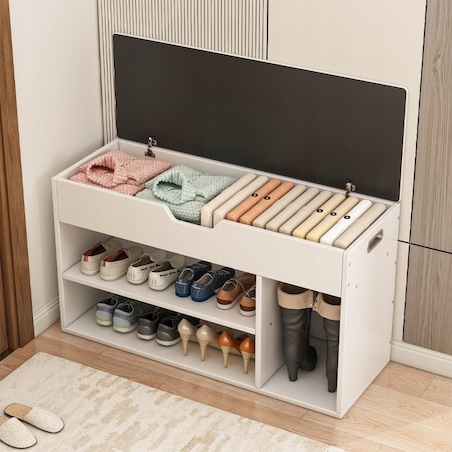 Szafka na buty z siedziskiem drewniana schowek 3 półki otwierana biała 80cm