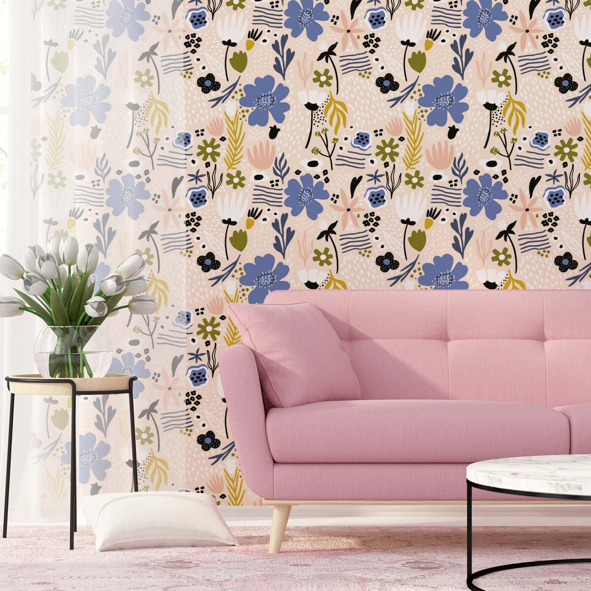 Tapeta Do Salonu Kolorowe KWIATY Styl Skandynawski