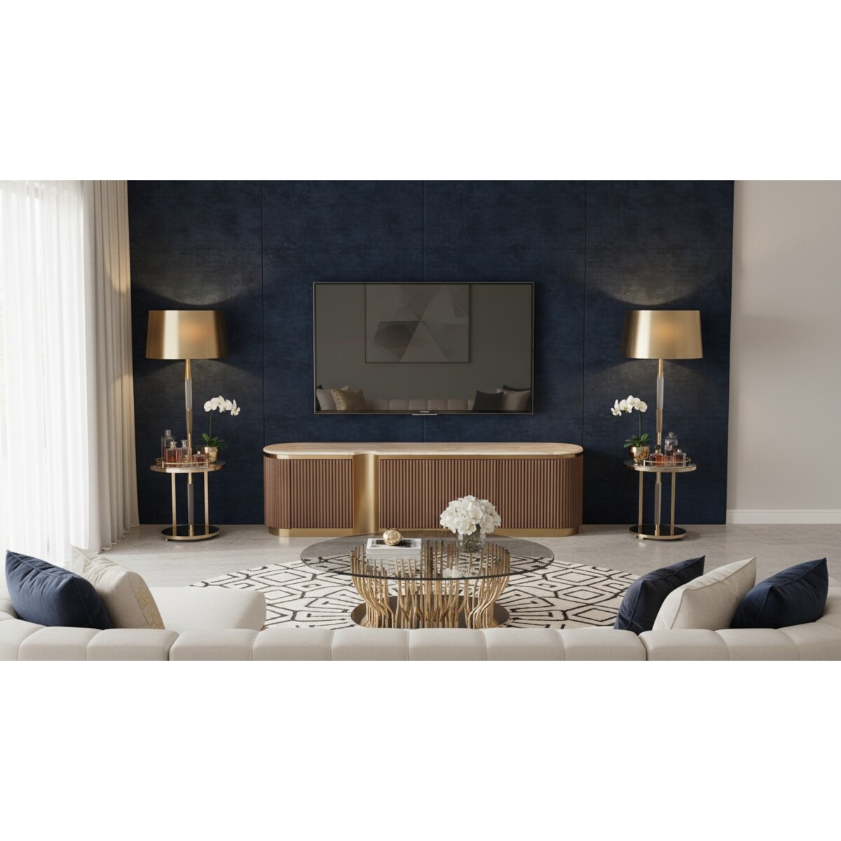 Ryflowana szafka RTV złota drewniana brązowa Nutris Glamour Premium z blatem marmurowym 200x40x50