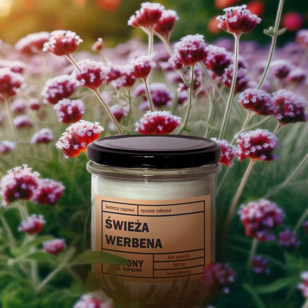 Świeca sojowa naturalna zapachowa ŚWIEŻA WERBENA- najlepsza aromatyczna bezpieczna ręcznie robiona w szklanym słoiczku 300ml 50h palenia na prezent upominek