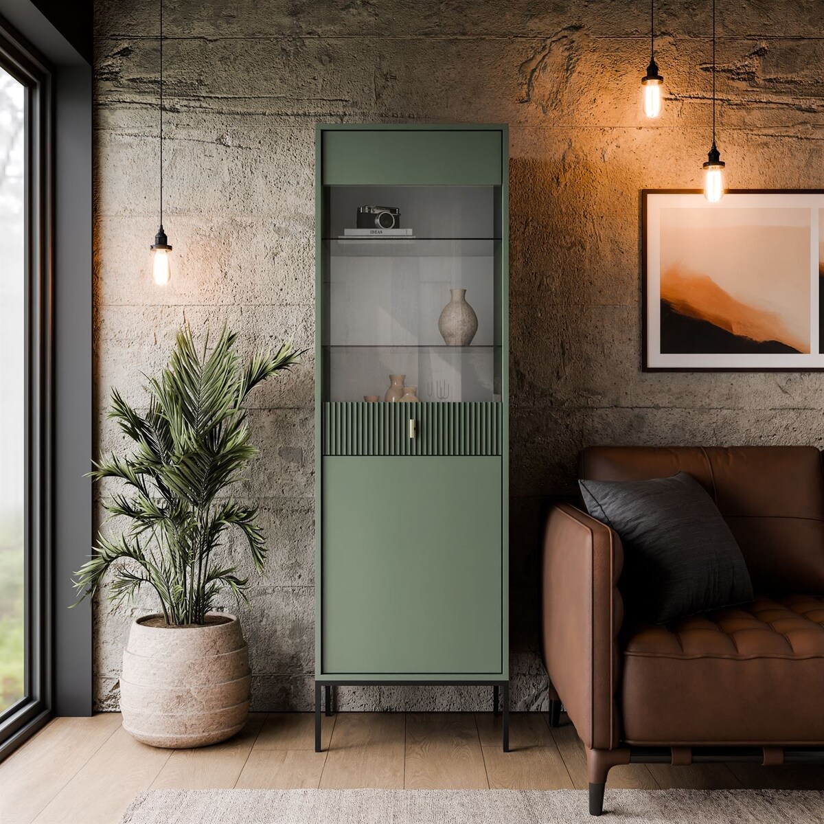 Witryna MIDNIGHT z przeszklonym frontem na stelażu, zielona