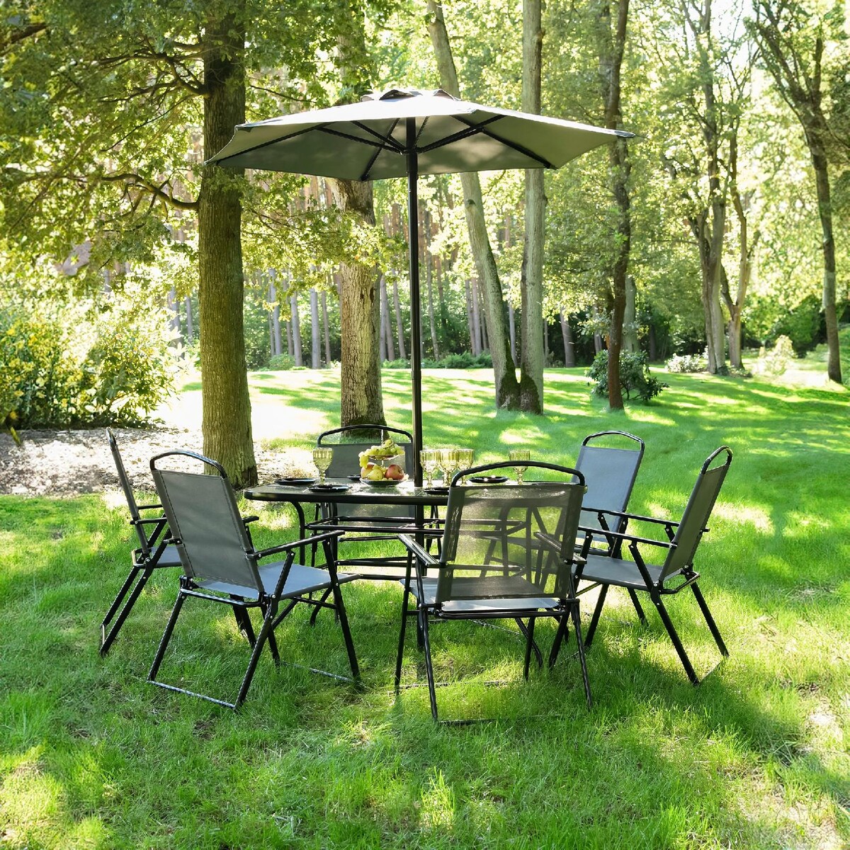 Meble Na Ogród Taras Komplet Stół 6 Krzeseł Parasol Zestaw Mebli Ogrodowy