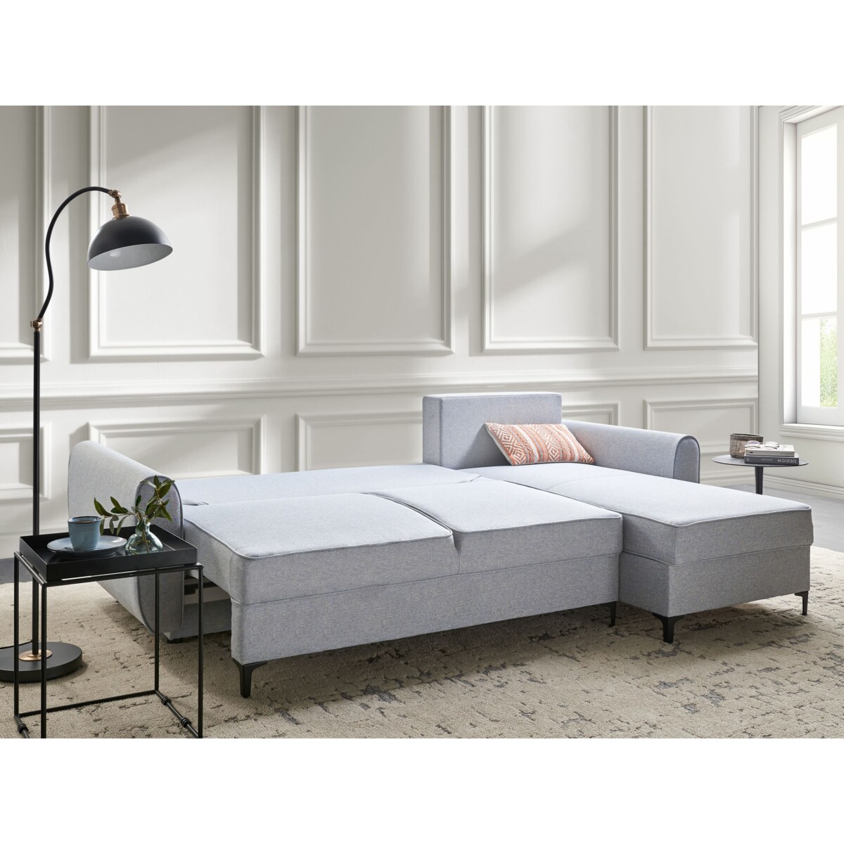 Narożnik rozkładany dla 3 osób SIMRIS Błękitny ze schowkiem Lewostronny