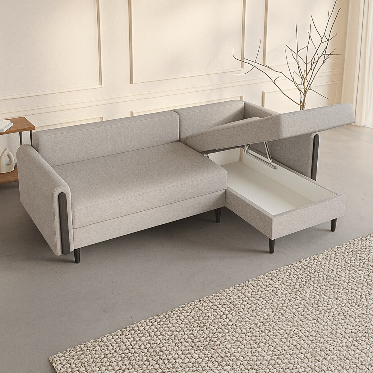 Wygodny narożnik GALOS - beżowy-drewno wenge -prawostronny