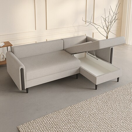 Wygodny narożnik GALOS - beżowy-drewno wenge -prawostronny