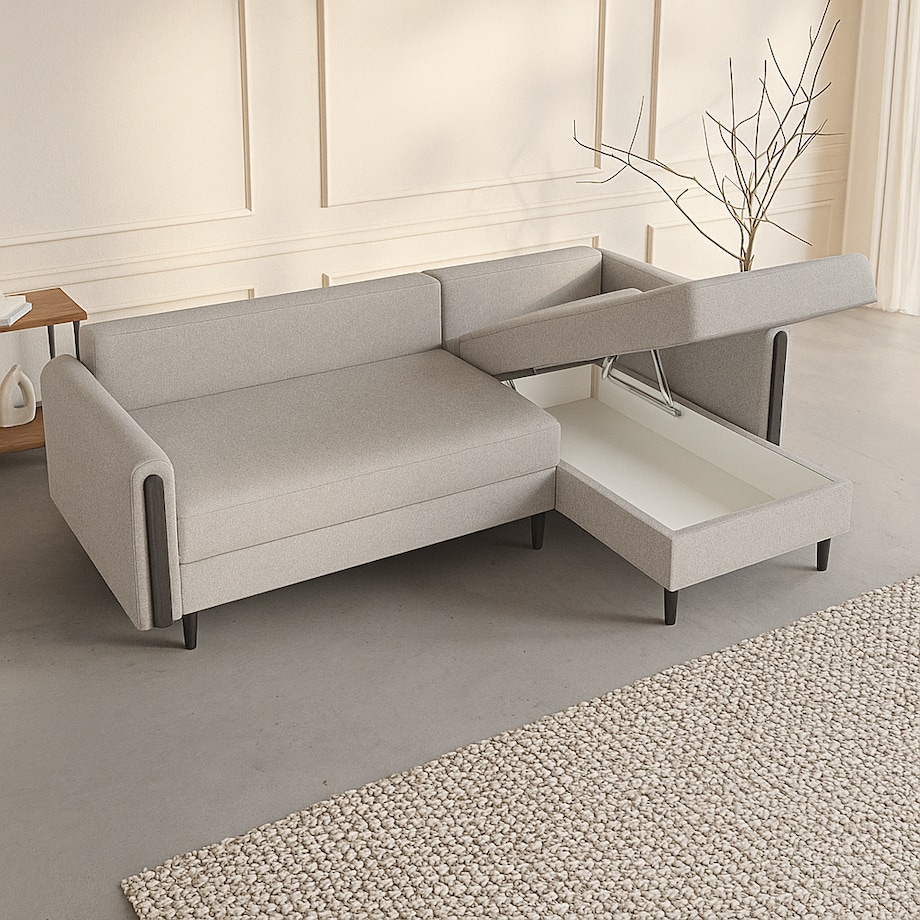 Wygodny narożnik GALOS - beżowy-drewno wenge -prawostronny