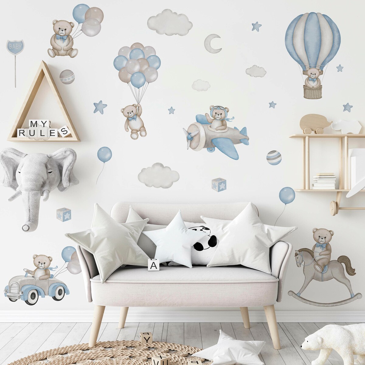 Naklejki Na Ścianę Dla Dzieci Misie Balony Chmurki Koń Na Biegunach Zestaw 120x60cm