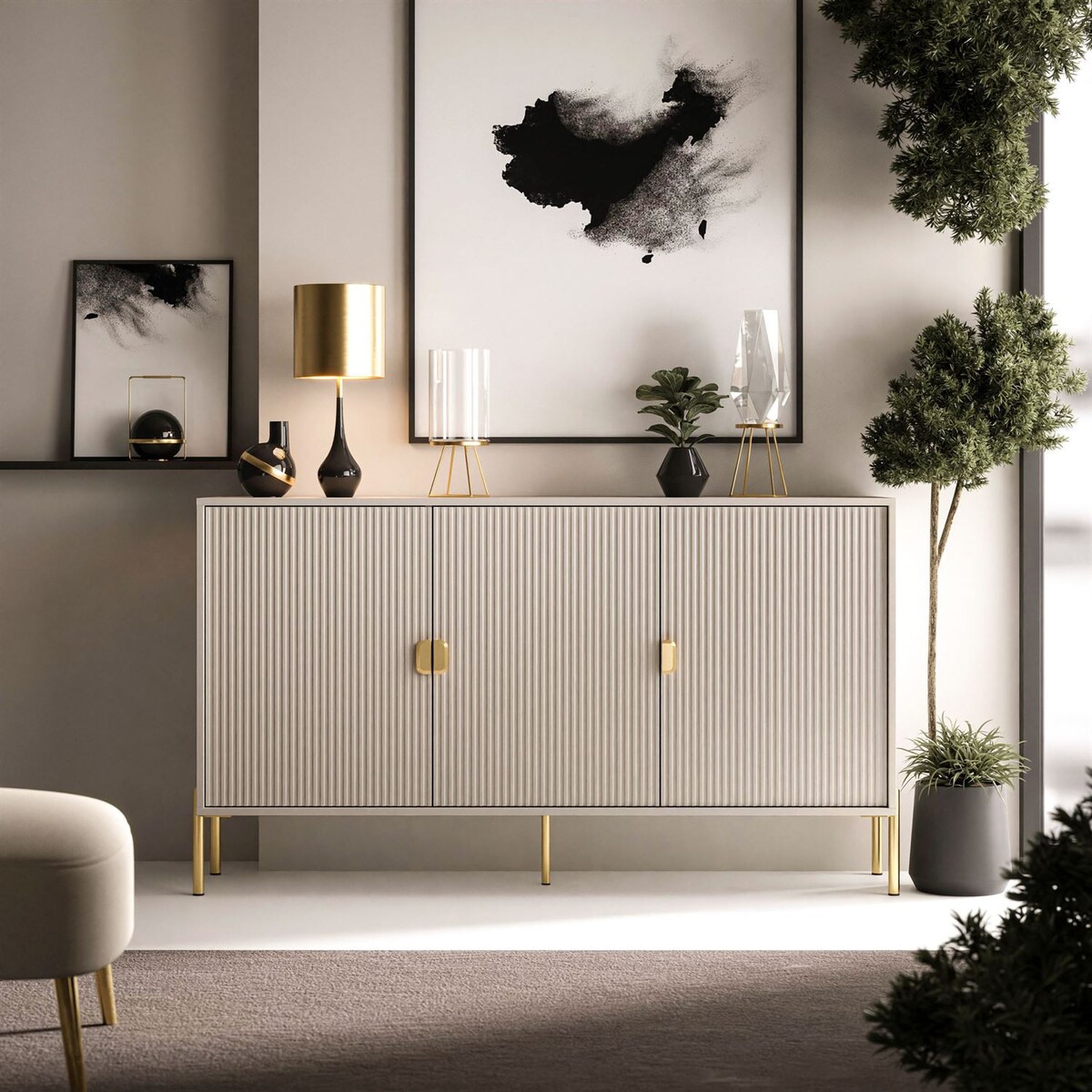 Komoda trzydrzwiowa DALIA 3D, kaszmir, nóżki złote