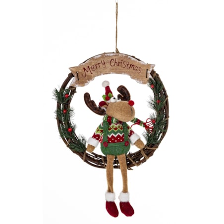 Dekoracja - figurka renifer w kole w zielonym ubranku 47x33x10 cm
