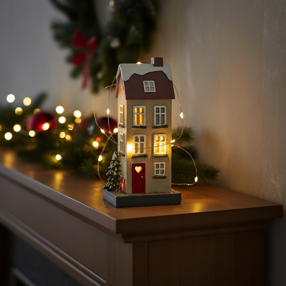 FIGURKA DOM DOMEK LED ŚWIĄTECZNA OZDOBA DEKORACJA NA PREZENT UPOMINEK 14cm