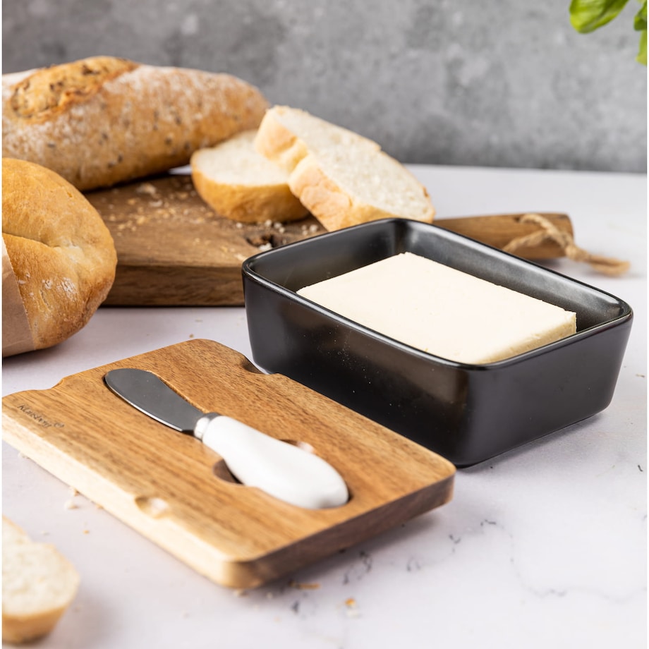 Porcelanowa maselniczka czarna maselnica z nożykiem do masła pokrywka akacjowa KLAUSBERG