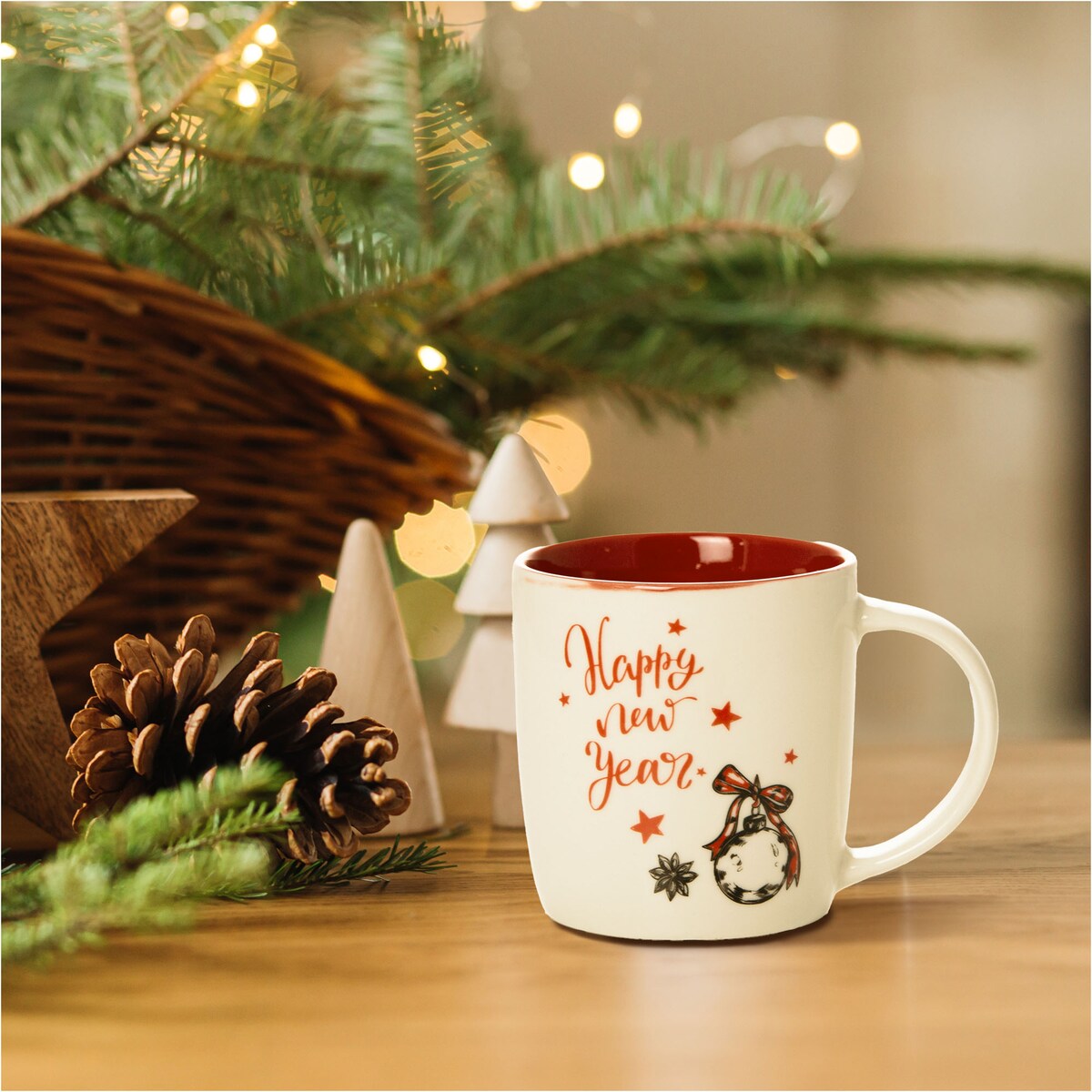 Kubek Świąteczny Na Prezent Ceramiczny Boże Narodzenie 370 Ml Biały Ceramiczny Bombka