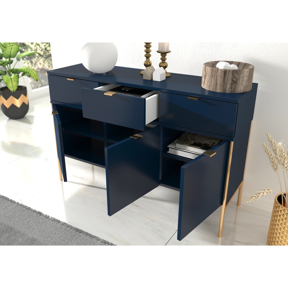 Elegancka granatowa komoda Skandica POLKA na złotych nóżkach