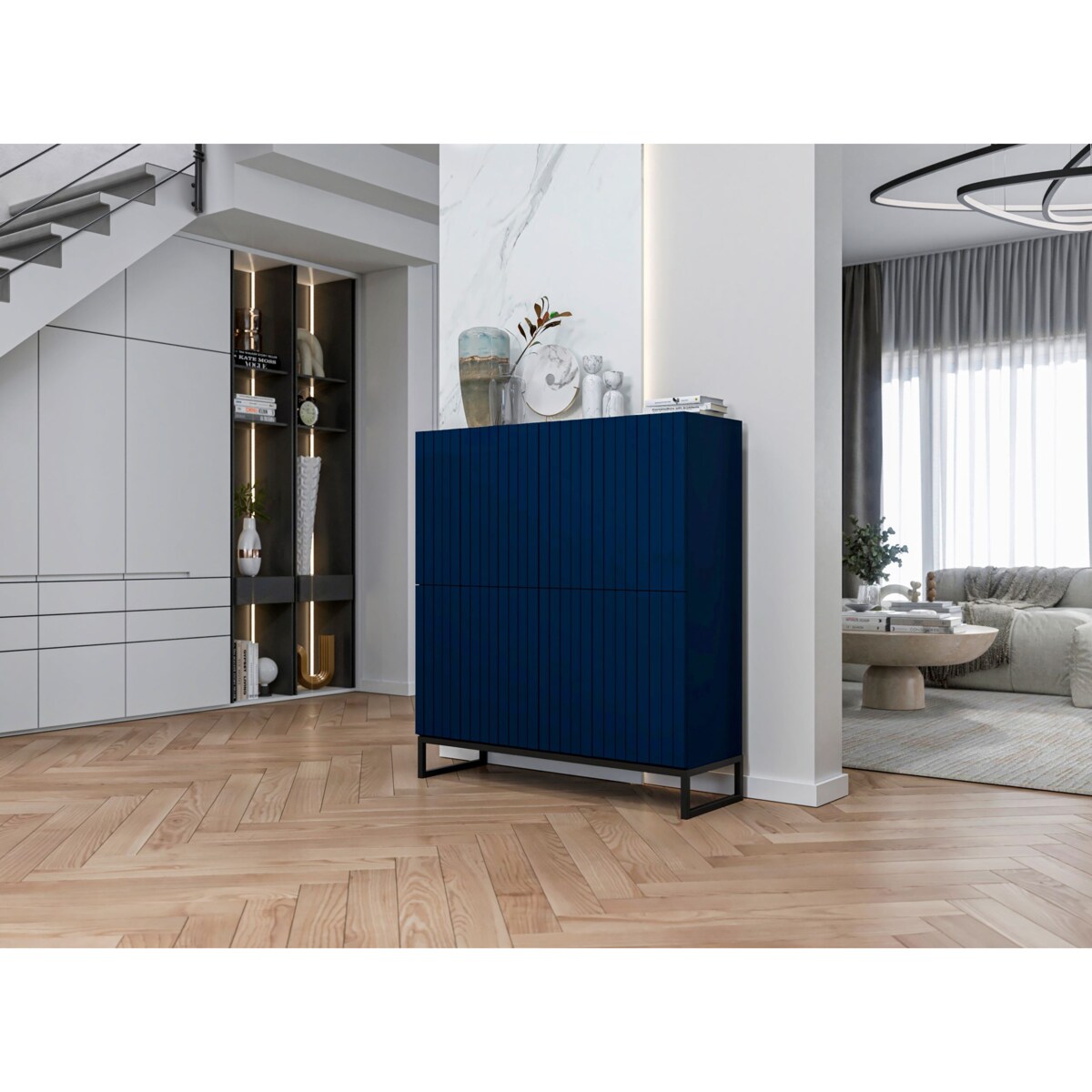 Komoda RTV Loft Szafka RTV Glamour Granatowy Mat 112 cm Ryflowane fronty Mat Metalowa Rama