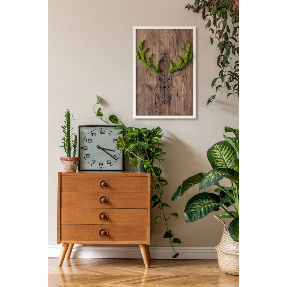 Obraz Głowa jelenia na drewnianym tle - mech chrobotek w białej ramie 40x60cm