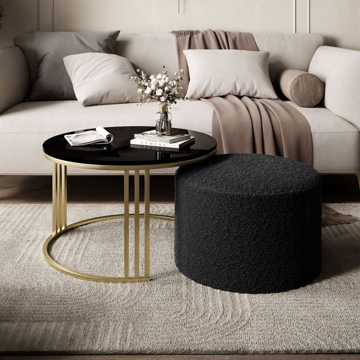 Stolik kawowy z pufą LORI POŁYSK złoto szczotkowane, czarny / Coral 60