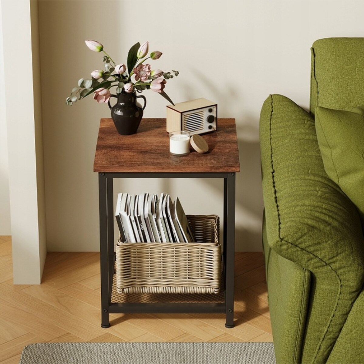 STOLIK KAWOWY KWADRATOWY POMOCNICZY BOCZNY Z PÓŁKĄ RETRO VINTAGE LOFT 55 CM