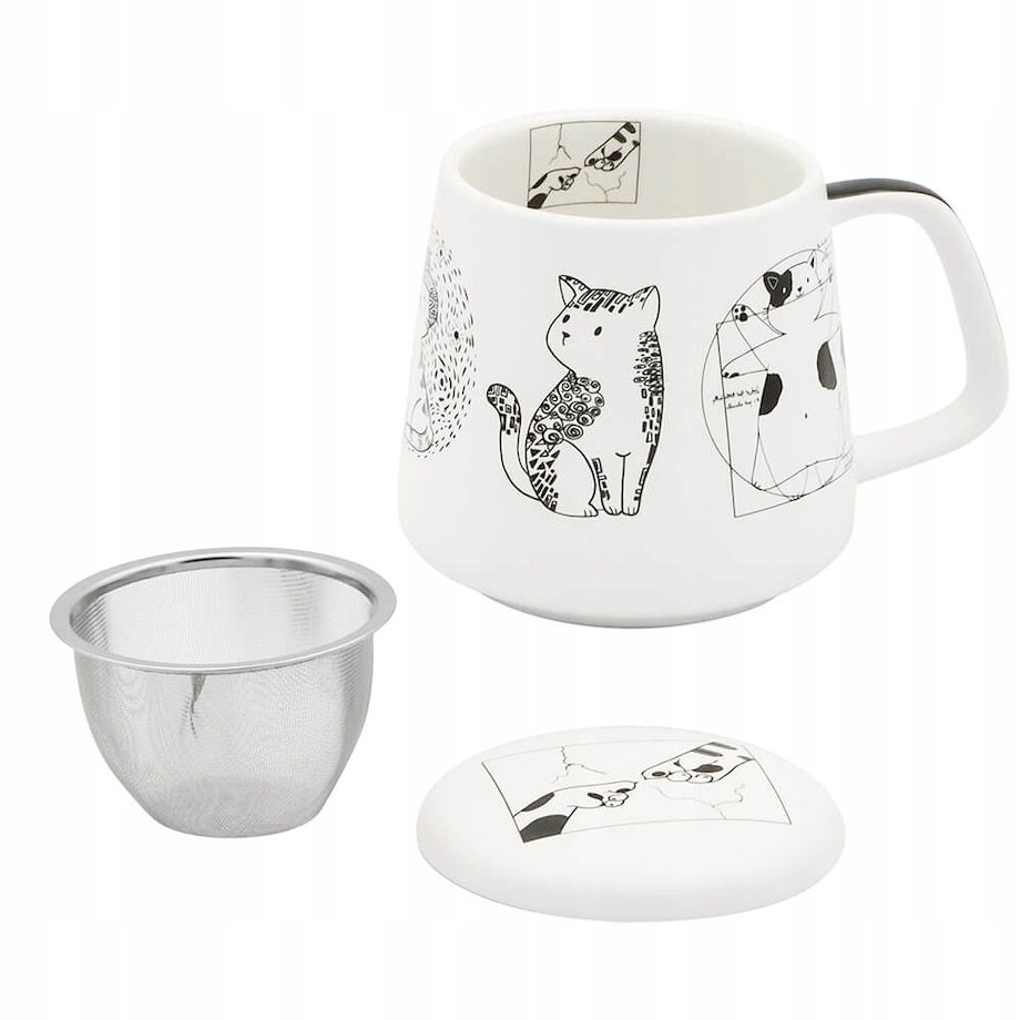 Kubek z uchwytem nierdzewnym zaparzaczem i pokrywką CAT ARTIST z motywem kota 400ml do naparów - prezent dla koleżanki przyjaciółki żony babci mamy