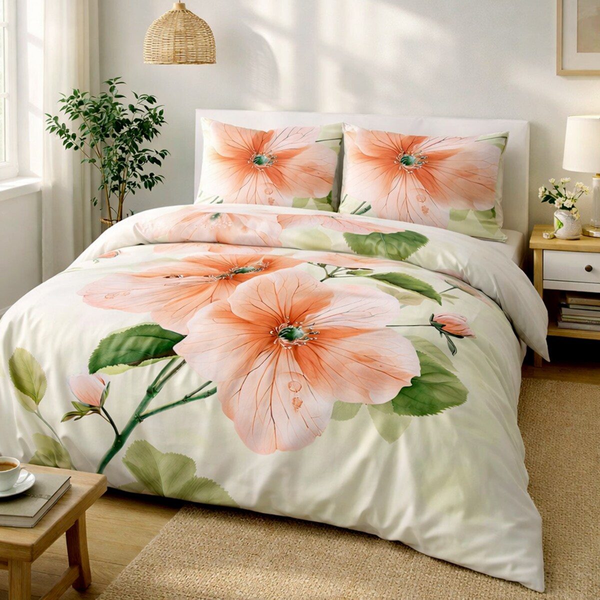 Poszewka dekoracyjna satynowa 40x40 Camellia kremowa w pomarańczowe kwiaty, Satynlove Premium