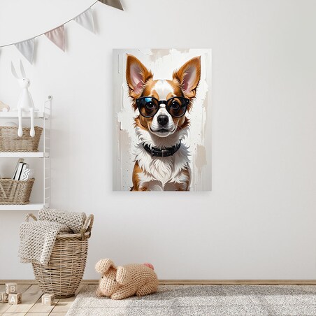 Obraz do pokoju nastolatka dziecka, Pies w okularach w beżu 80x120 cm