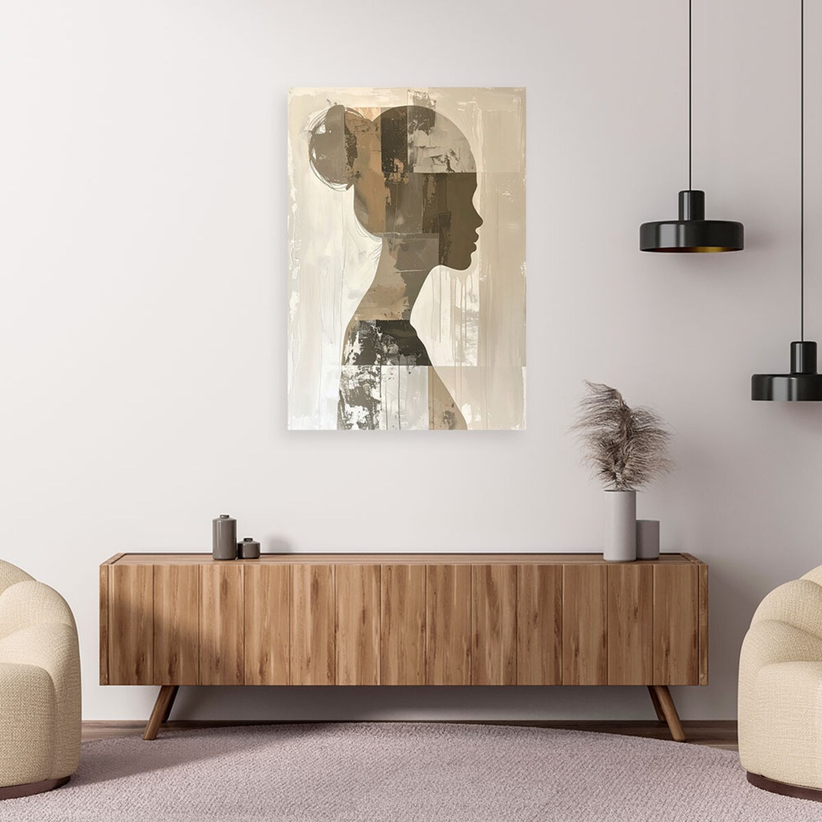 Obraz do salonu sypialni kuchni biura loftu, Postać kobiety abstrakcja w beżu styl boho 20x30cm