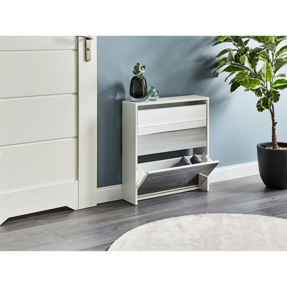 Szafka na buty 2 przegrody lustrzane fronty biała MIDFIELD