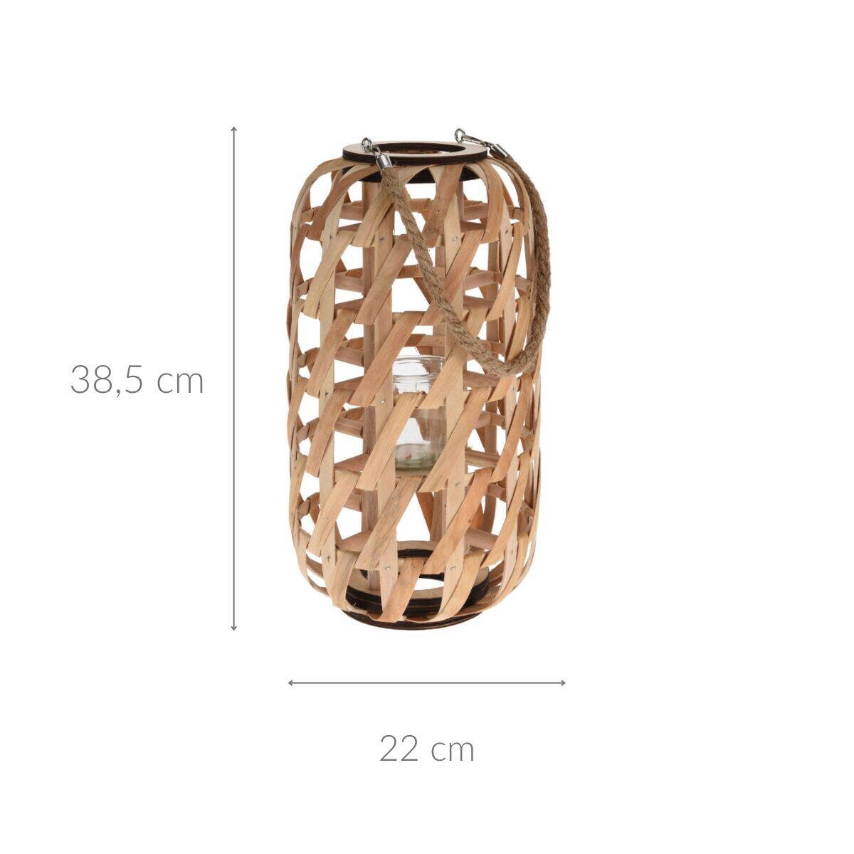 Drewniany lampion, minimalistyczna plecionka i uchwyt ze sznurka
