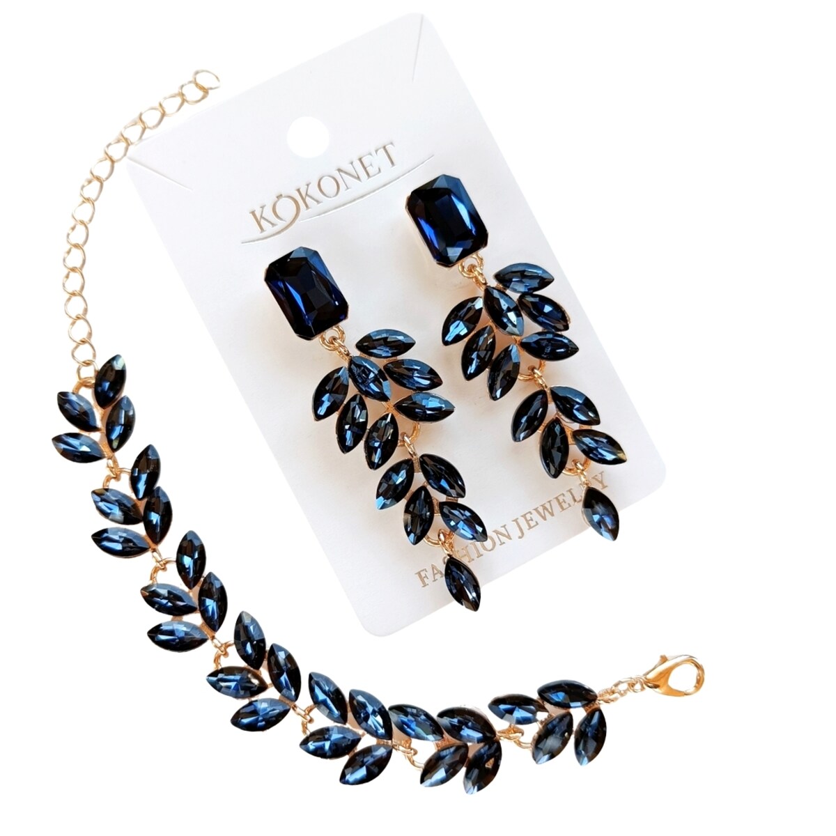 Kolczyki i bransoletka w zestawie granatowe złote listki wizytowa biżuteria