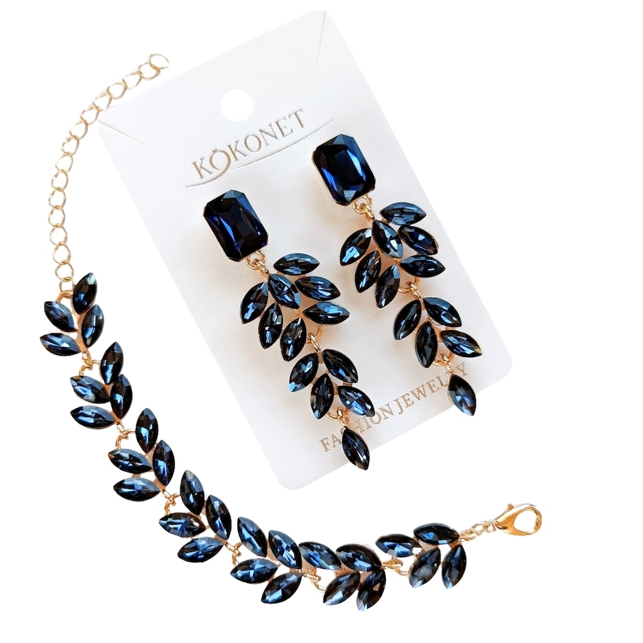 Kolczyki i bransoletka w zestawie granatowe złote listki wizytowa biżuteria