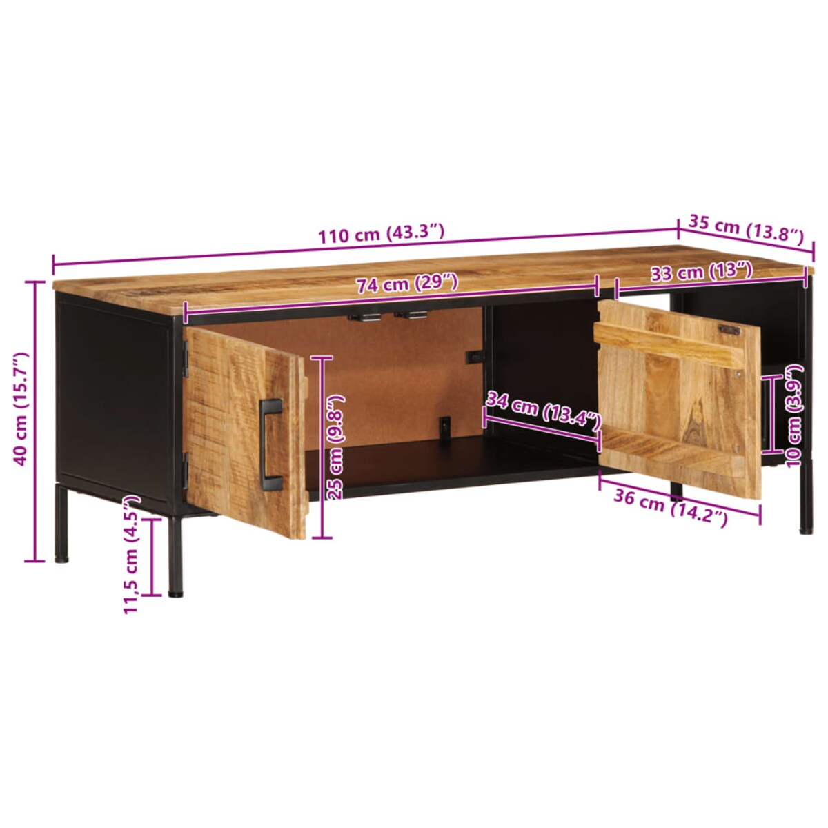 vidaXL Szafka pod TV, 110x35x40 cm, surowe lite drewno mango