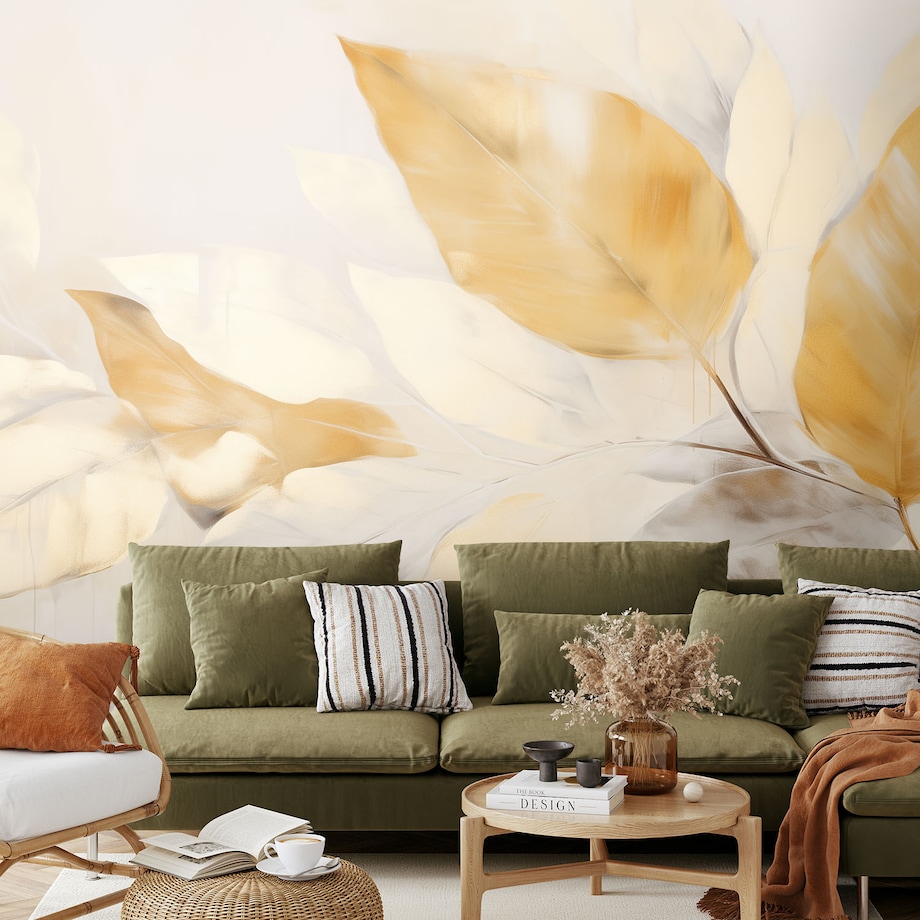 Fototapeta, Gałązki w stylu boho beżowe zółte liście 350x245