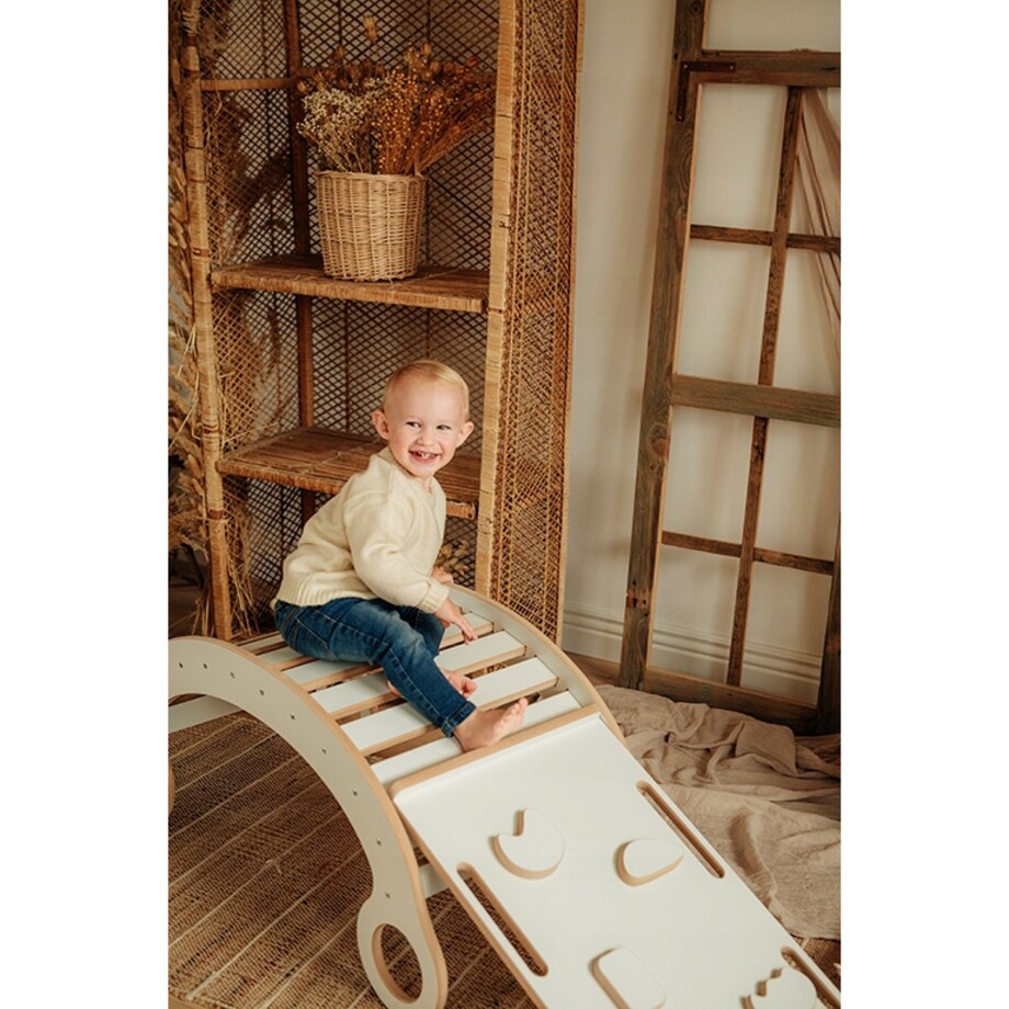 Zestaw BUJAK MONTESSORI Poduszka RÓŻ +Ścianka + Krzesło Blat Zjeżdżalnia CE