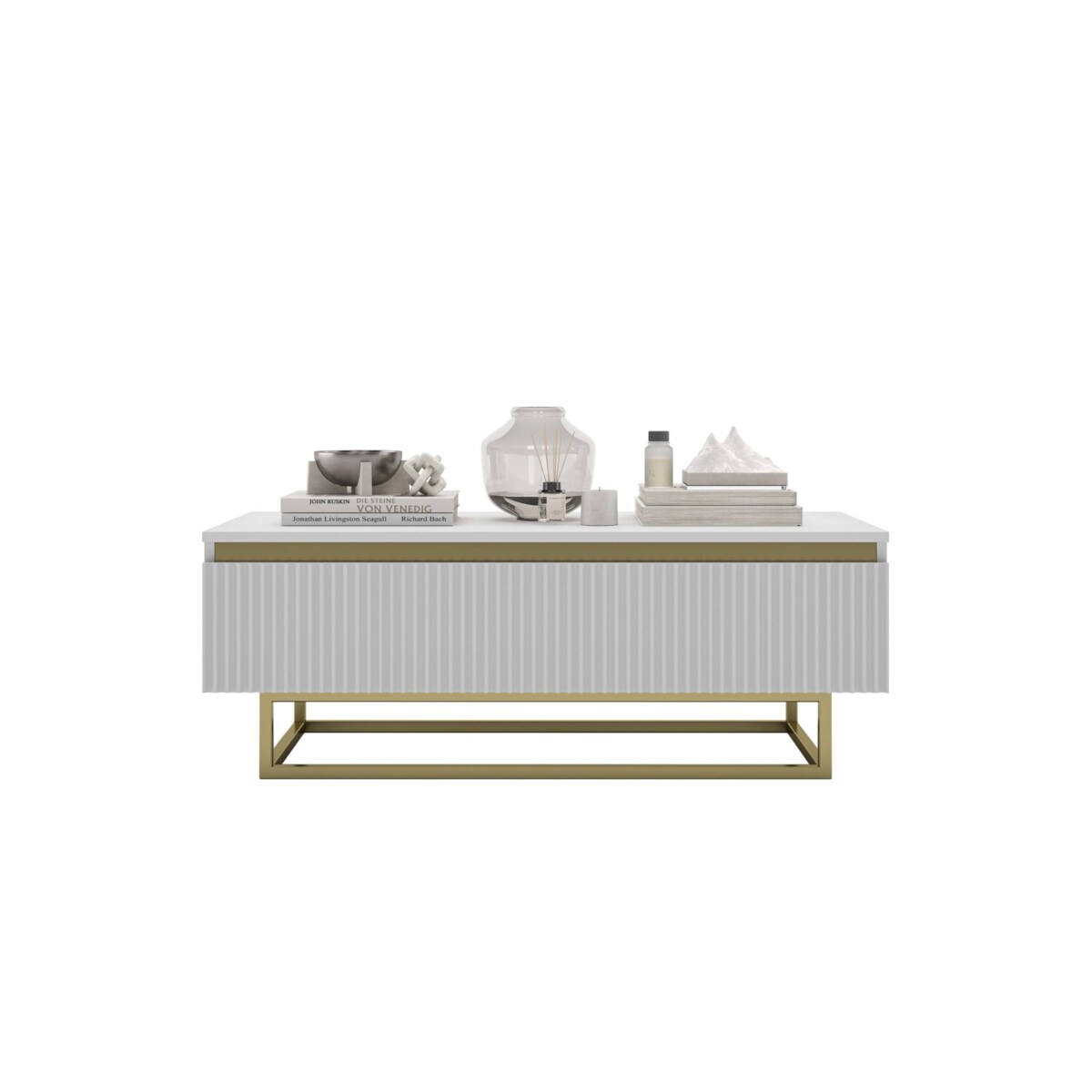 Stolik kawowy Glamour prostokątny elegancka ława Biały Mat Stelaż w złotym kolorze 109 cm
