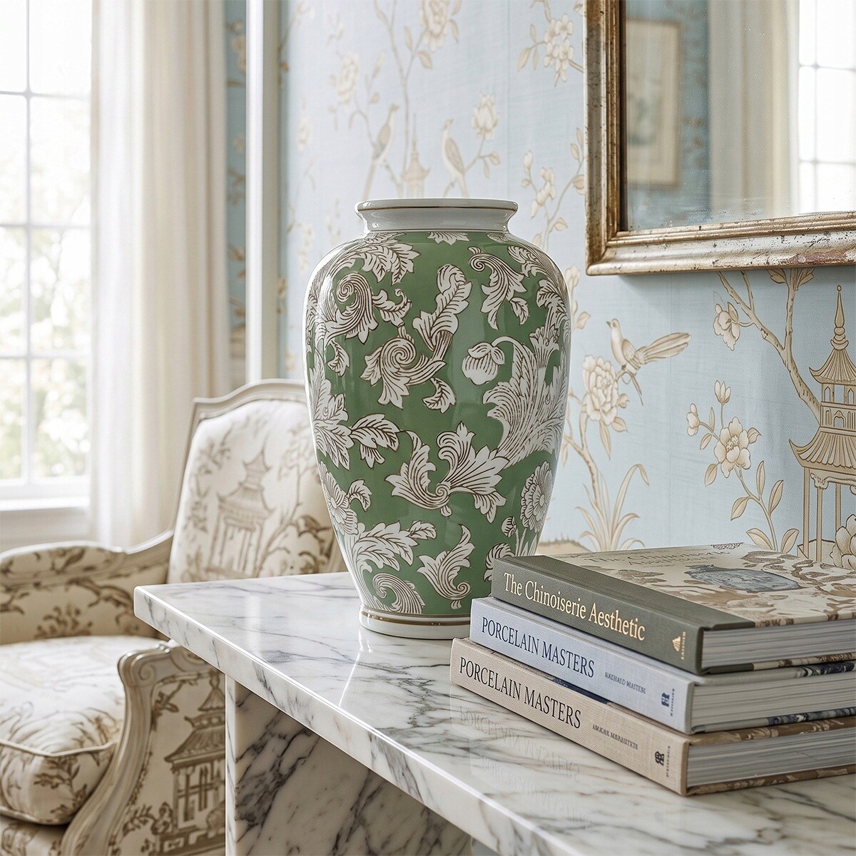 WAZON NA KWIATY TULIPANY BUKIET CERAMICZNY ZIELONY BIAŁY DUŻY DO DOMU 30cm