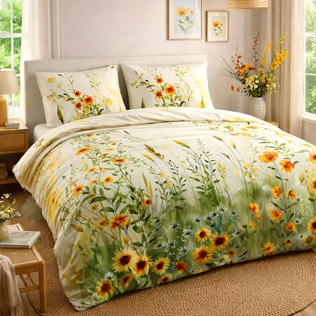 Pościel satyna bawełniana 180x200 Solaia kremowa, kwiatowa zielona łąka, Satynlove Premium