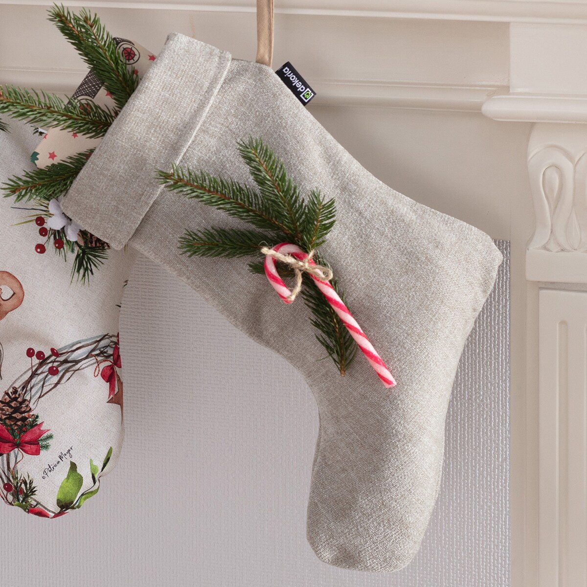 Skarpeta na prezenty boże narodzenie, święta, świąteczne, szaro-beżowy szenil, 29 x 18 x 39 cm