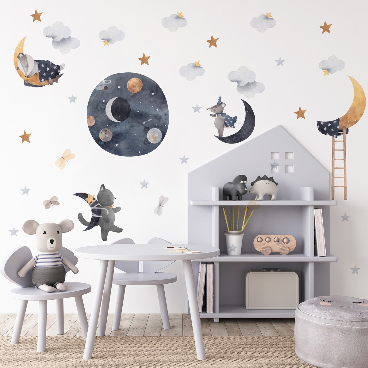 Naklejki Ścienne Dla Dzieci KOSMOS Zwierzęta Chmury Gwiazdy Boho ZESTAW