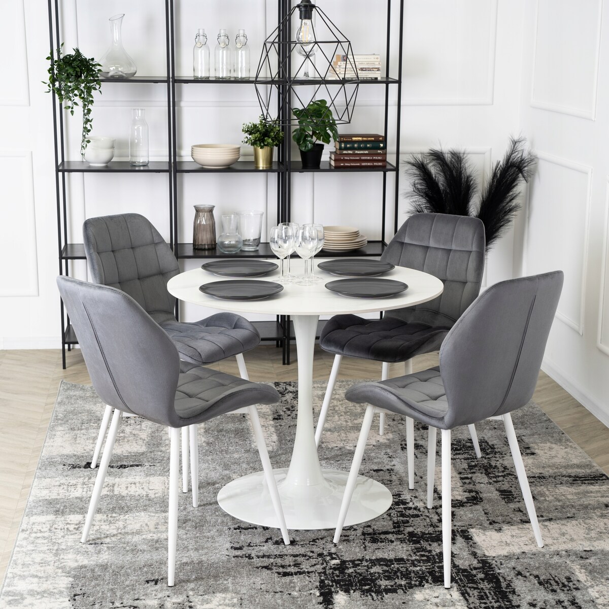 Krzesło Z Białymi Nogami Welurowe Tapicerowane Do Jadalni Szare LUCKY