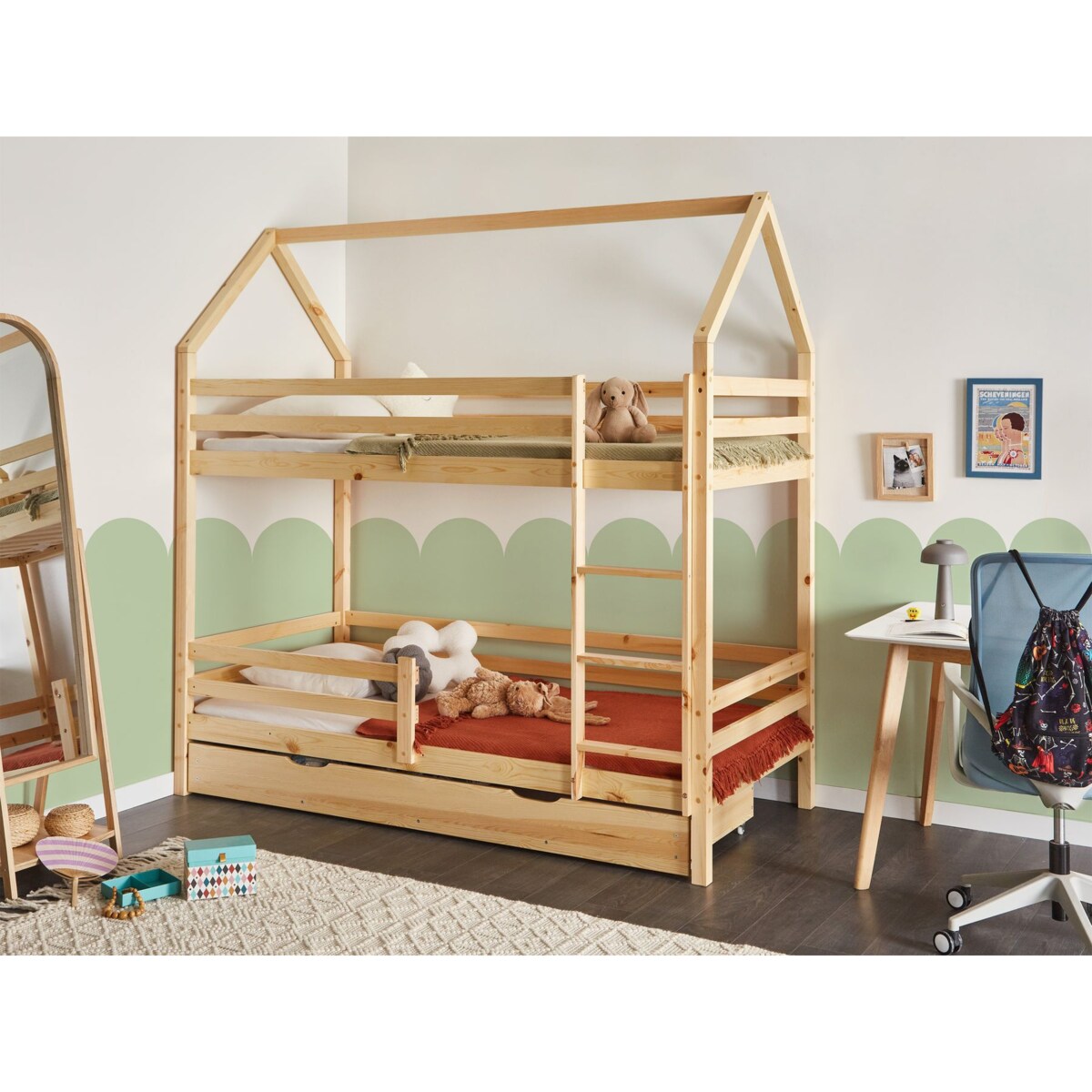 Łóżko piętrowe z szufladami Domek Drewno GIRGOLS 90 x 200 cm ze schowkiem Jasnobrązowy