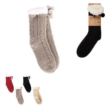 CIEPŁE SKARPETY z warkoczowym splotem czerwone Z POMPONAMI