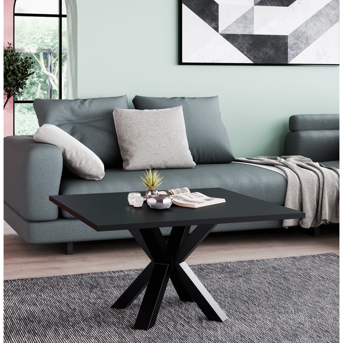 Stolik kawowy NEO kwadratowy 90x90 z metalową podstawą- czarny