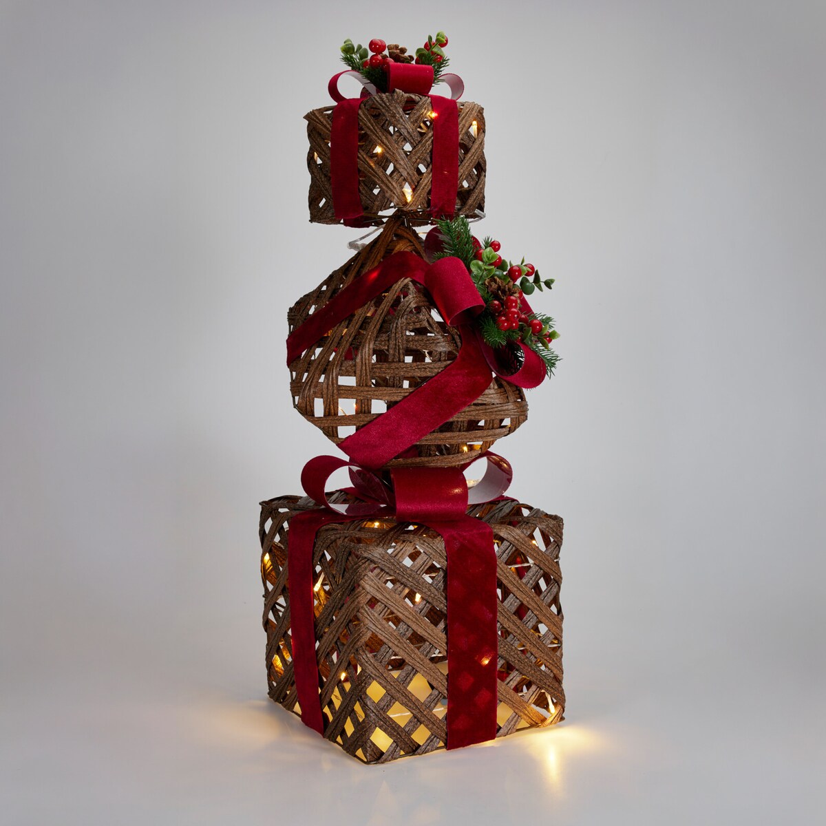 Dekoracja świetlna piętrowe prezenty, 25 x 25 x 73 cm, LED, na baterie, kolor brązowy, metal