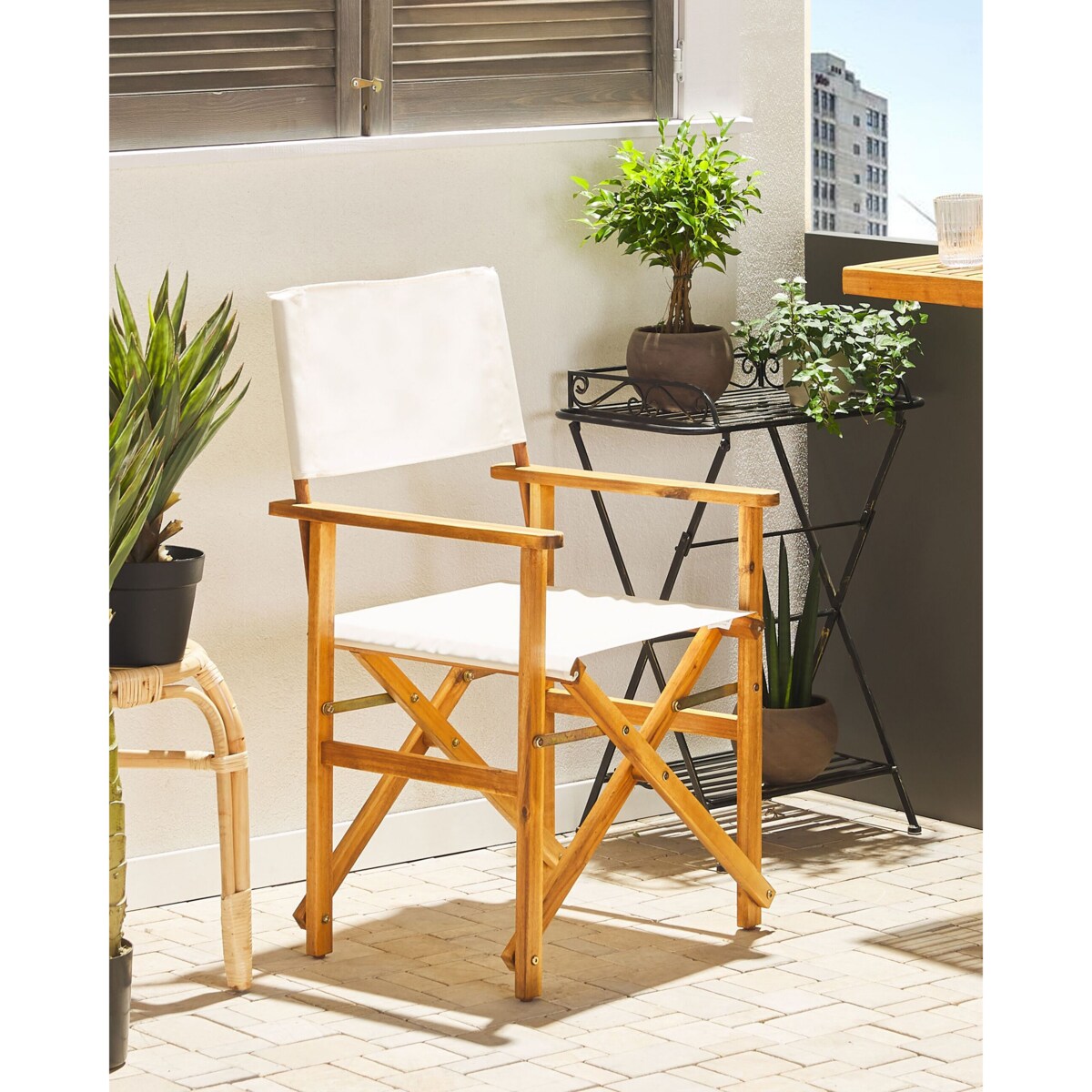 Zestaw 2 krzeseł ogrodowych akacjowy jasne drewno z białym / wzór w tukany CINE