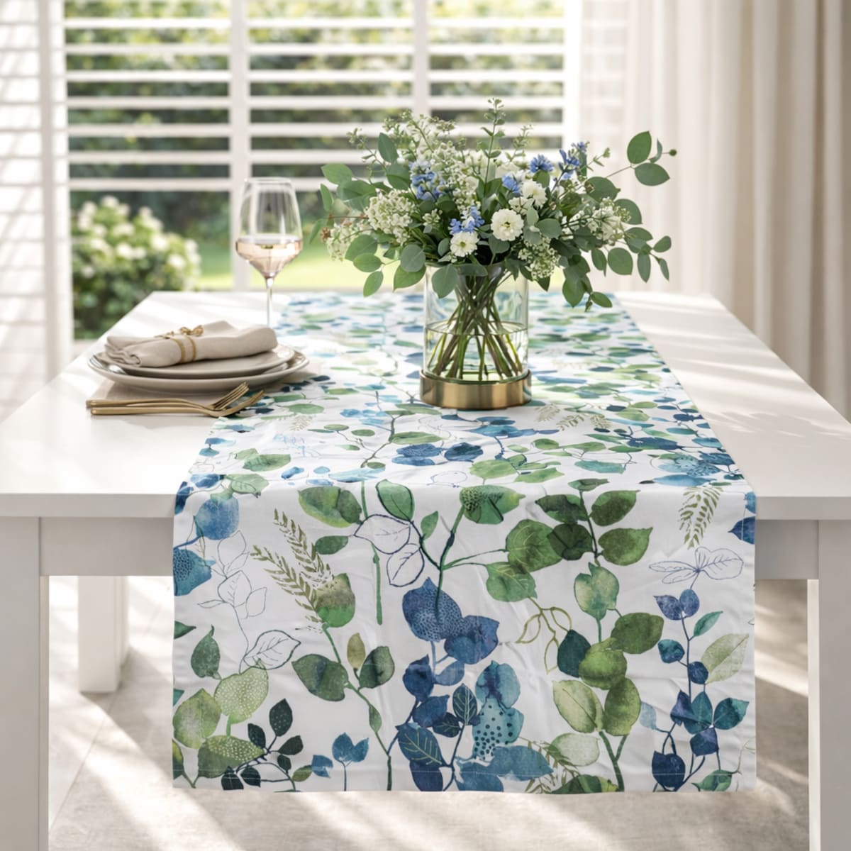 Bieżnik z motywem liści i ptaków Blue Sparrow – 50 × 150 cm