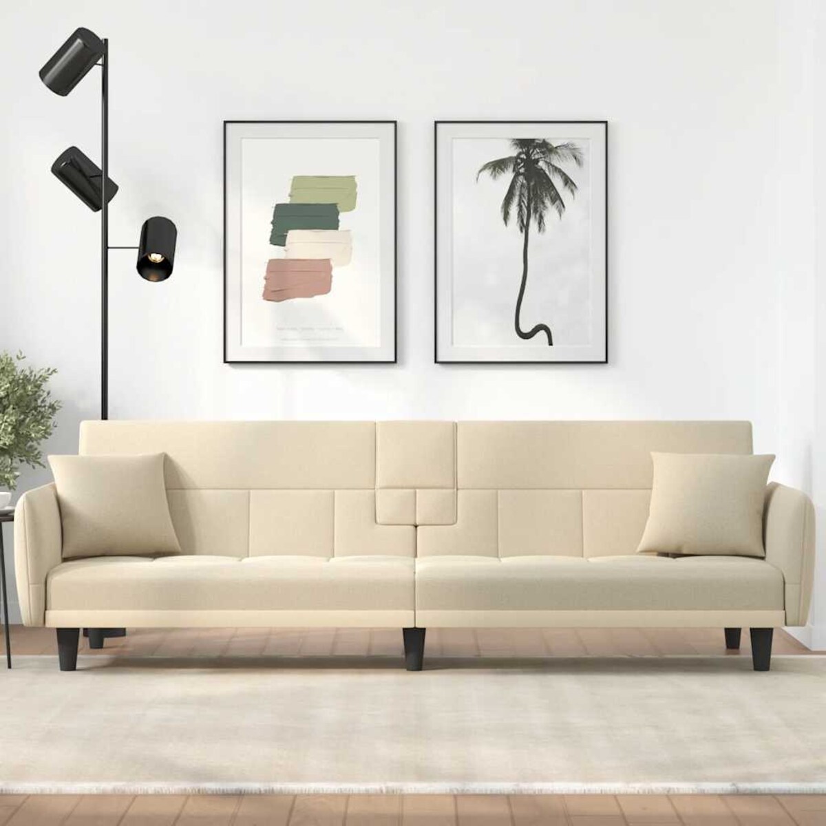 vidaXL Rozkładana kanapa z uchwytami na napoje, kremowa, tkanina