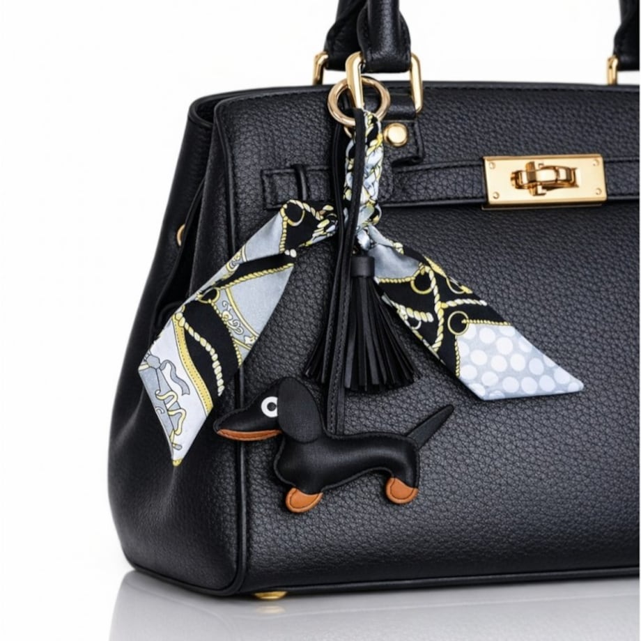 Brelok do kluczy skórzany JAMNIK czarny z frędzlami BRL374CZ