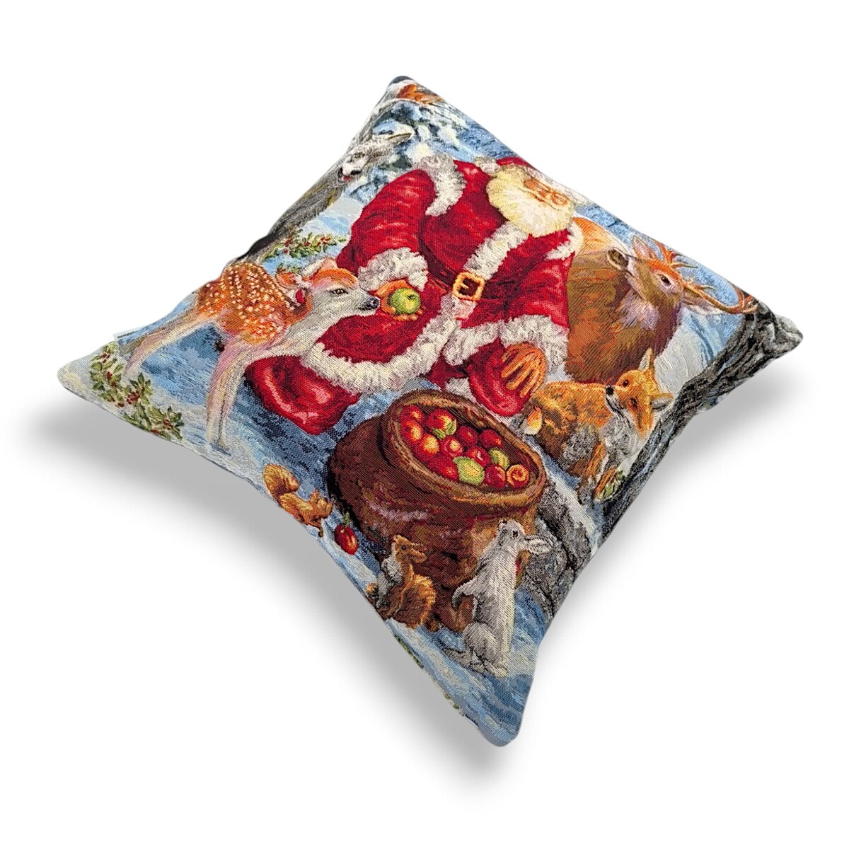 Dwustronna poduszka z wypełnieniem z Mikołajem i sarenką 45x45 z tkaniny gobelinowej