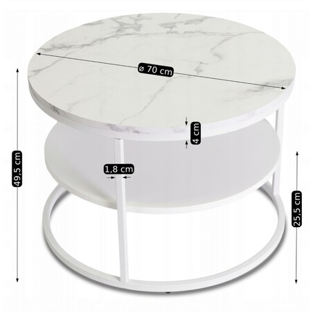 Stolik Kawowy Okrągły Skandynawski Ława Okrągła Loft Marmur Biały BEST