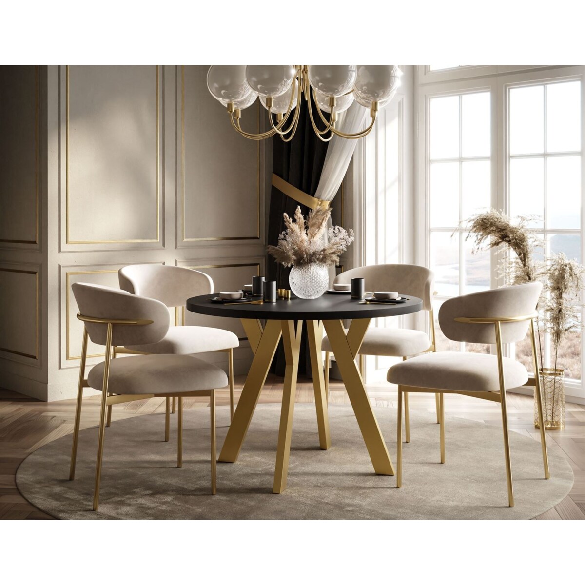 Okrągły stół rozkładany VOLTA MATT, nogi złoty, blat czarny